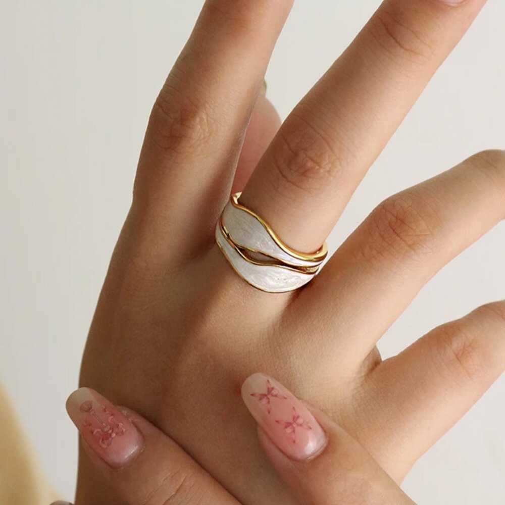 Vintage 18k Gold Plated 316-l Stainless Steel White  Enamel  Women Ring